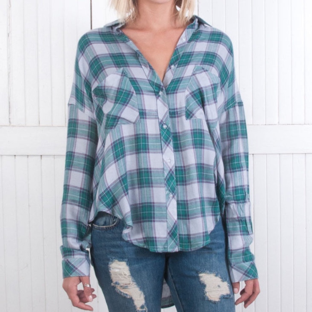 NWT $128 The Laundry Room Thoreau Top Slit Back Clover Plaid Button Down Shirt